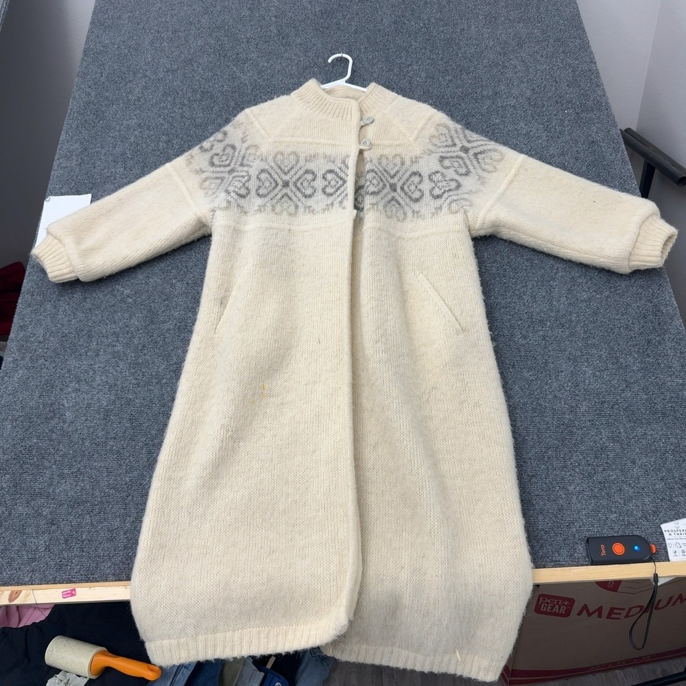 Vintage Alafoss of Iceland Cardigan Coat Womens XS Cream Wool Nordic Long Boho